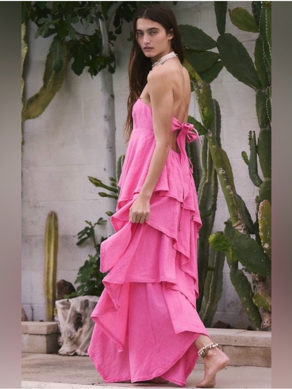 Strapless stunning free people Pink Tiered Ruffle Maxi Dress nwot size L